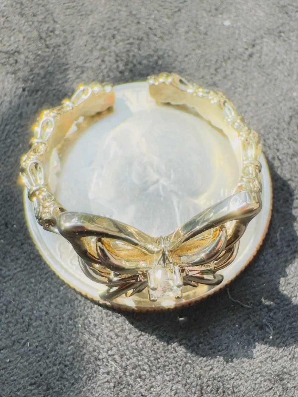 Gold Butterfly Ring with Clear Center Stone